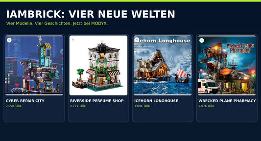 Vier illustrierte IAMBRICK Klemmbaustein-Welten: Cyberpunk-Stadt, Parfümerie am Fluss, Wikinger-Langhaus und Überlebensstation