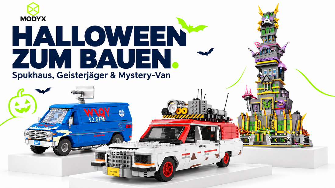 XJD Spuk-Hochhaus, Mould King Ecto-1 und DK Stranger Bus auf weißem Hintergrund mit MODYX-Logo und Halloween-Schriftzug.
