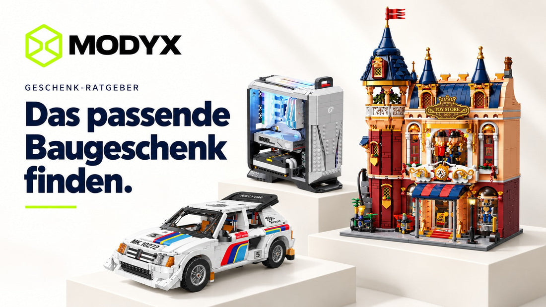 MODYX Geschenk-Ratgeber mit Mould King Rallyeauto, PANTASY Gaming-PC und Toy Store Spielzeugladen