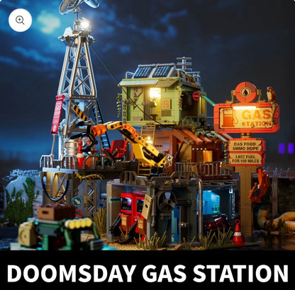 IAMBRICK Doomsday Gas Station – Endzeit-Tankstelle mit Beleuchtung, 2043 Teile