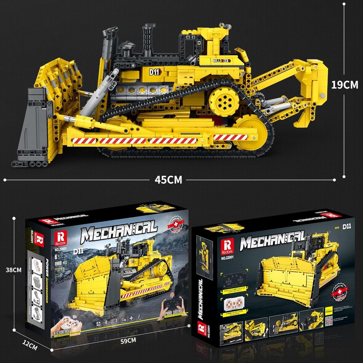 REOBRIX 22001 Mechanical Bulldozer – RC-Ferngesteuerter Bulldozer-Bausatz | 1988 Teile Technik-Set