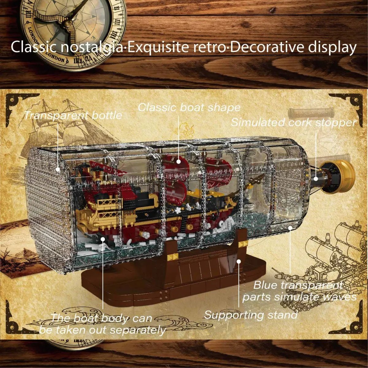 Mould King 10066 Queen Revenger Ship in a Bottle – 2488 Teile Flaschenschiff Modell | 54 cm Display-Set | Klemmbausteine