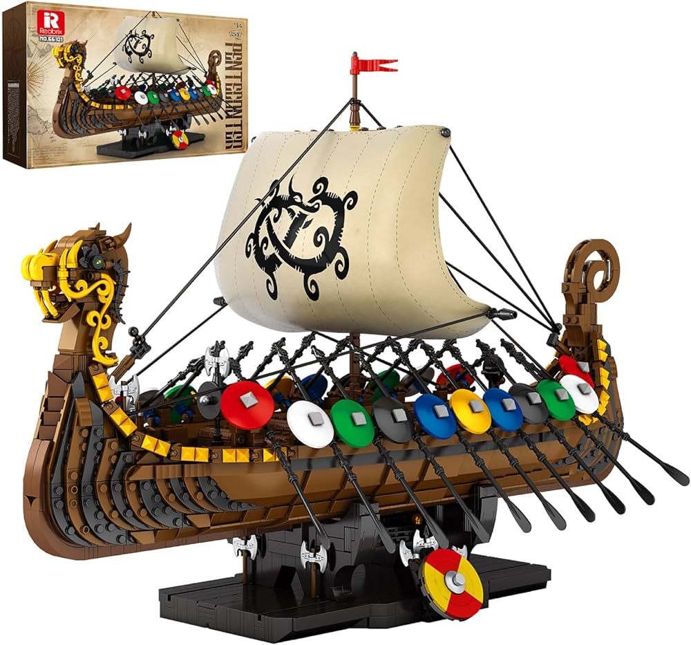 REOBRIX 66101 Wikinger Schiff – 678 Teile Klemmbaustein-Set | Großes Nordisches Schiff | Kompatibel
