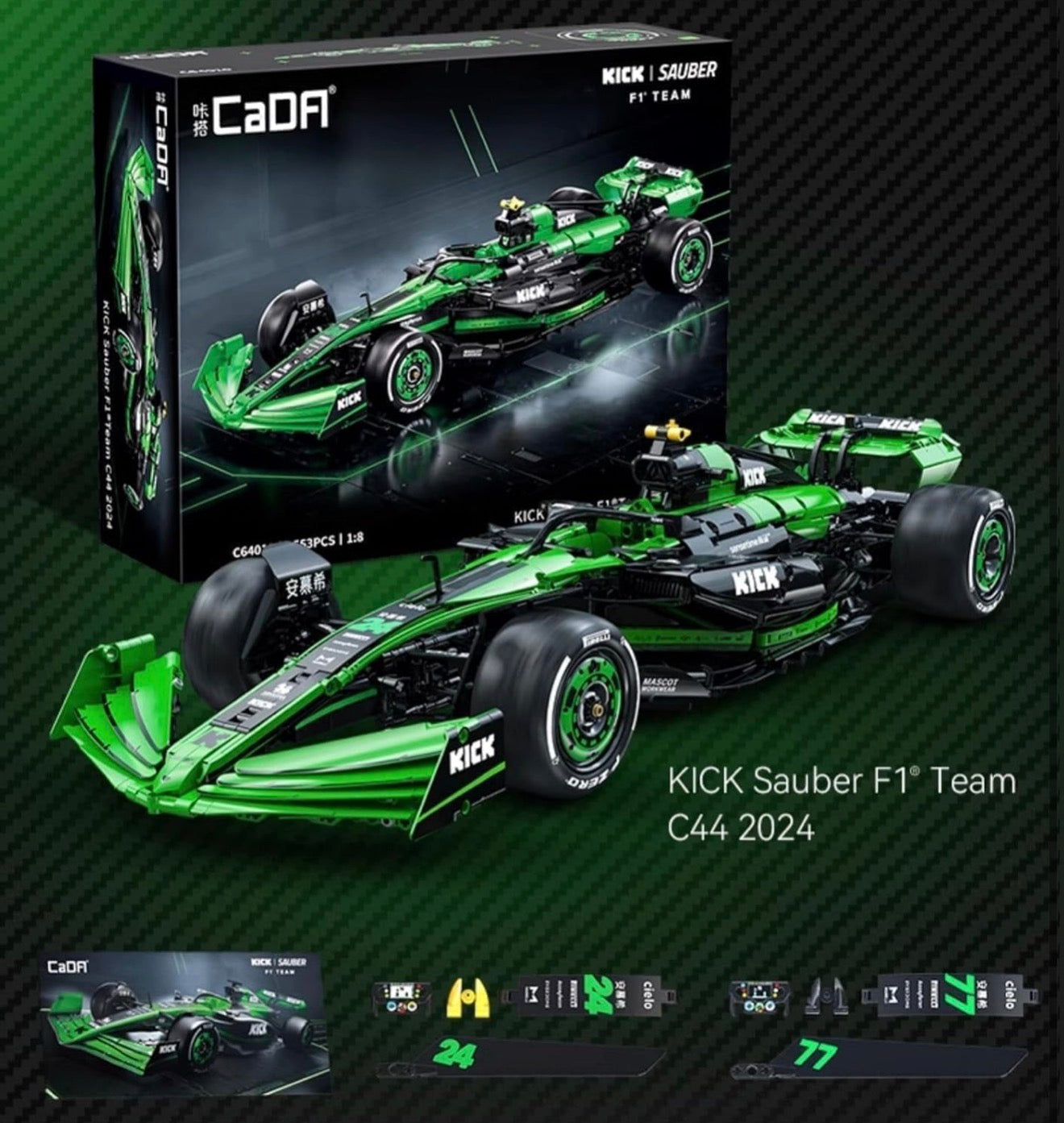 CaDA C64010W Sauber F1 Team C44 2024 – 2553 Teile Formel-1 Modell | 1:8 Rennwagen Bauset