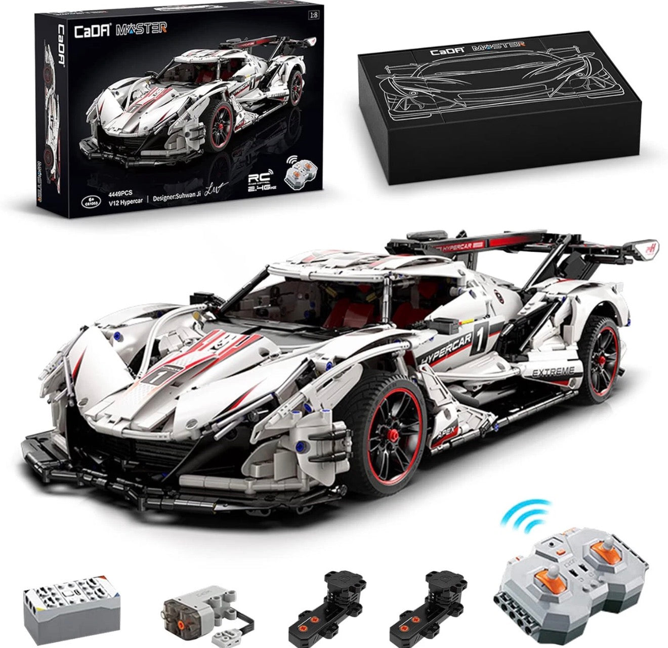 CaDA C61053W V12 Hypercar 1:8 – 3888 Teile Technik Klemmbaustein