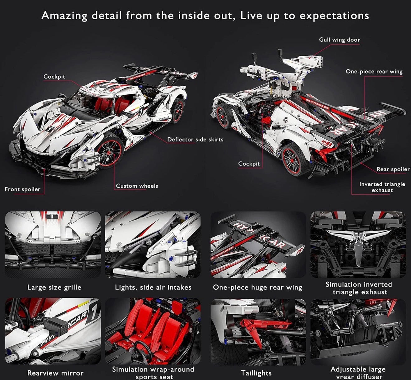 CaDA C61053W V12 Hypercar 1:8 – 3888 Teile Technik Klemmbaustein