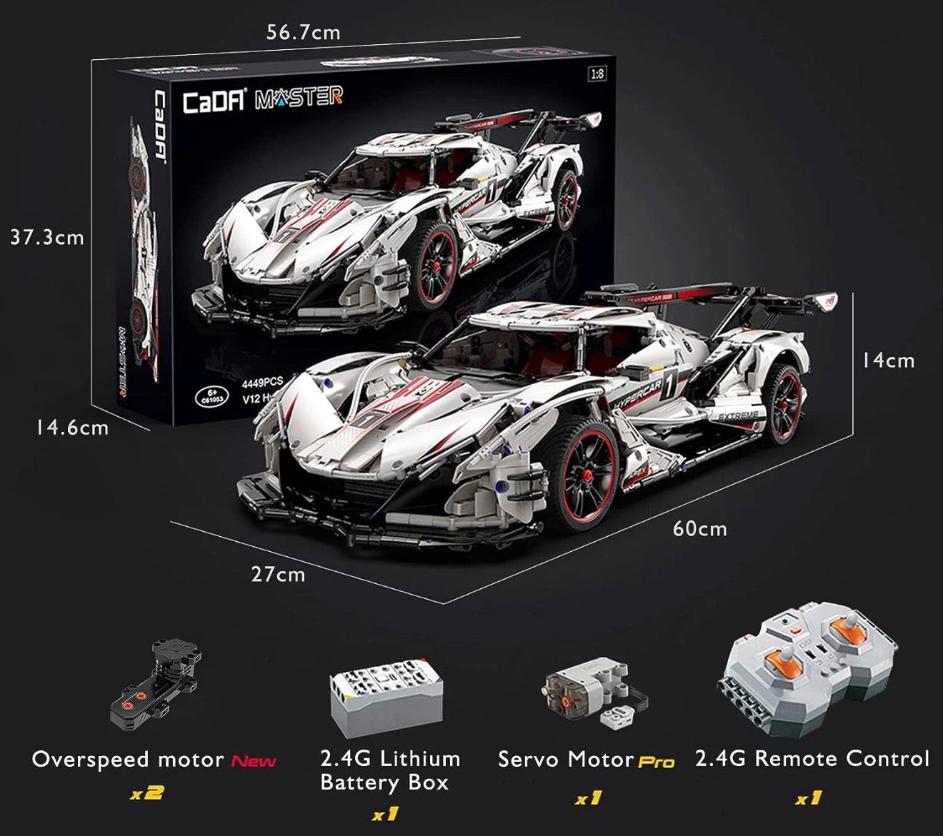 CaDA C61053W V12 Hypercar 1:8 – 3888 Teile Technik Klemmbaustein