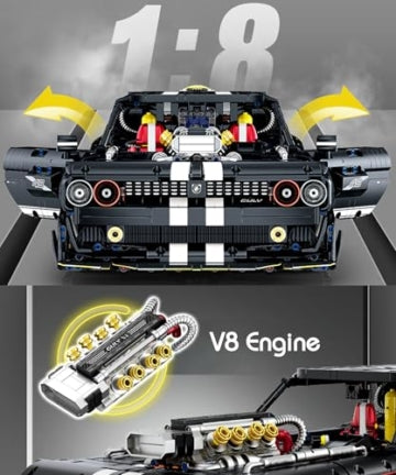 GULY 10637 Dodge Challenger 1:8 Technic – 3751 Teile Muscle Car mit V8 Motor, LED, Rauchfunktion & RC