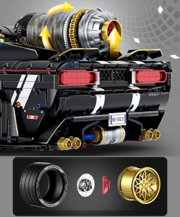 GULY 10637 Dodge Challenger 1:8 Technic – 3751 Teile Muscle Car mit V8 Motor, LED, Rauchfunktion & RC