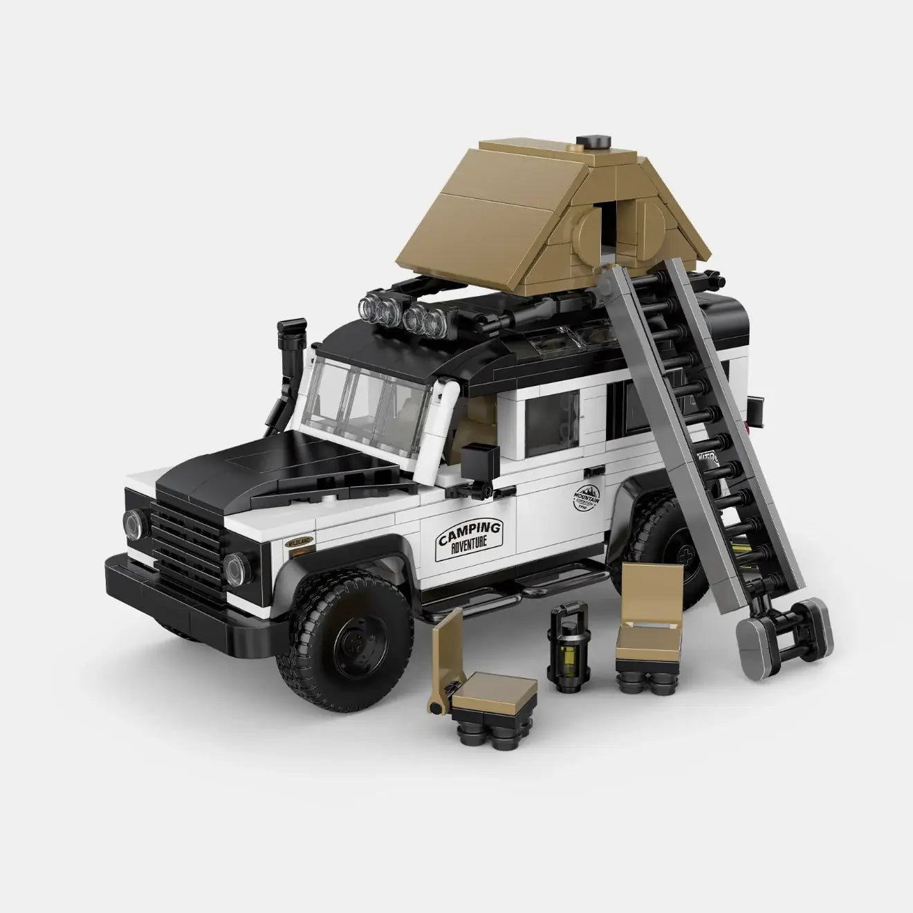 Happy Build PB8825 Land Rover Defender Off-Road Camper – Klemmbaustein Modellauto mit Vitrine