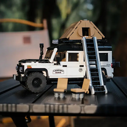 Happy Build PB8825 Land Rover Defender Off-Road Camper – Klemmbaustein Modellauto mit Vitrine