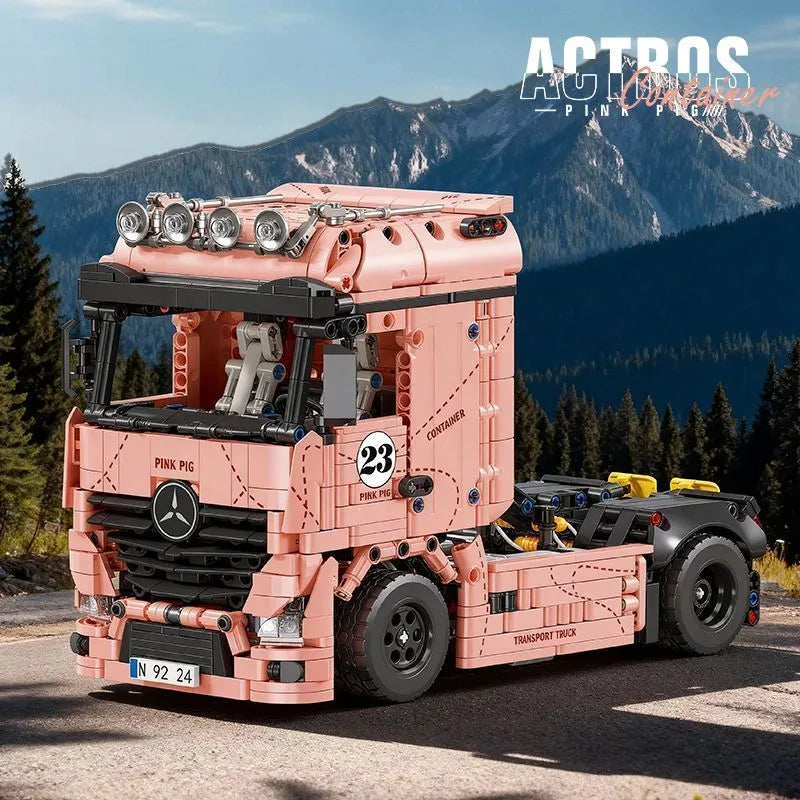 JIE STAR JJ9224 Merc Actros Racing Truck Pink Pig – 1296 Teile Technik Klemmbaustein-Modell 1:10