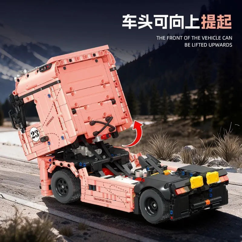 JIE STAR JJ9224 Merc Actros Racing Truck Pink Pig – 1296 Teile Technik Klemmbaustein-Modell 1:10