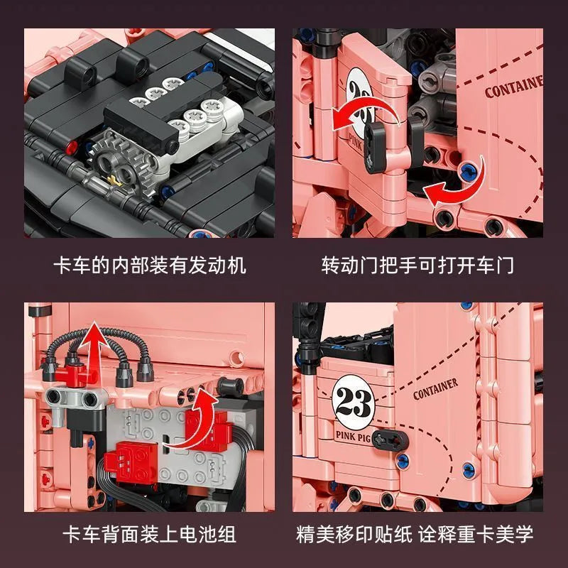 JIE STAR JJ9224 Merc Actros Racing Truck Pink Pig – 1296 Teile Technik Klemmbaustein-Modell 1:10