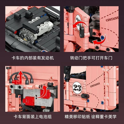 JIE STAR JJ9224 Merc Actros Racing Truck Pink Pig – 1296 Teile Technik Klemmbaustein-Modell 1:10