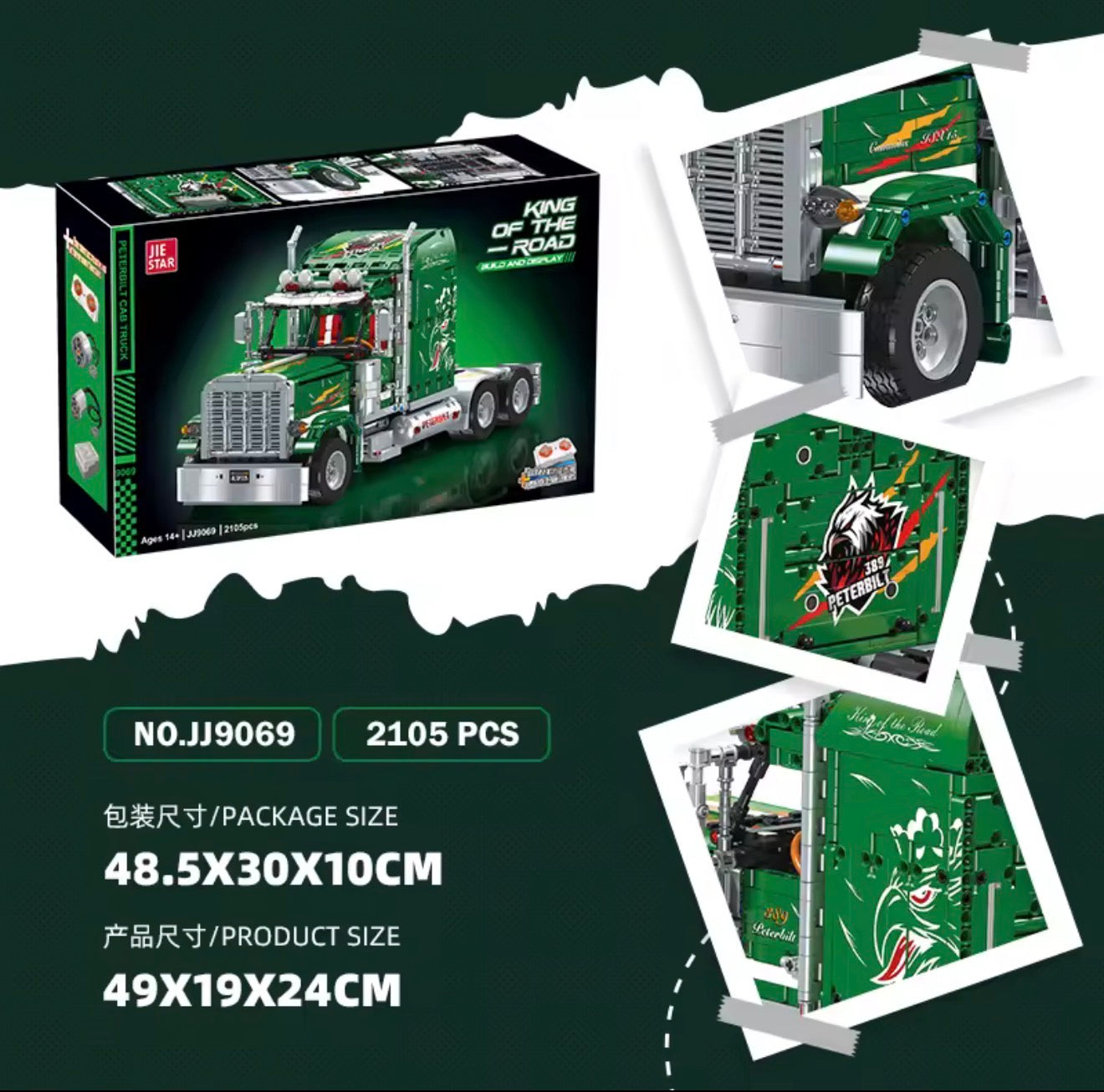 JIE STAR 9069 Peterbilt 389 – 2105 Teile US-Truck Klemmbaustein-Modell