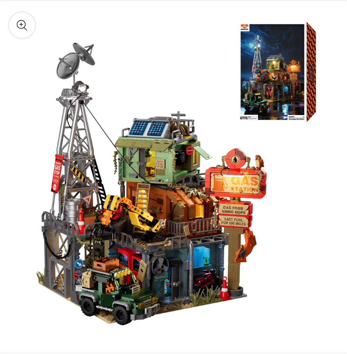 IAMBRICK Doomsday Gas Station aus 2043 Klemmbausteinen mit Tankstelle, Werkstatt und Beobachtungsposten