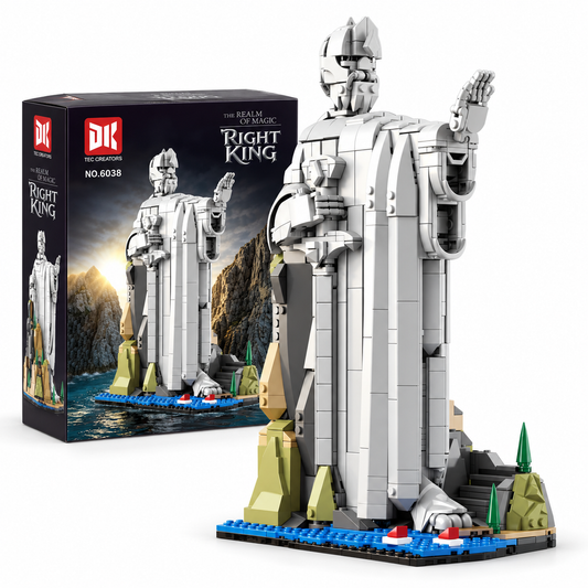 DK 6038 Right King Königstatue aus Klemmbausteinen mit Schwert und Landschaftssockel vor dem Karton auf weißem Hintergrund