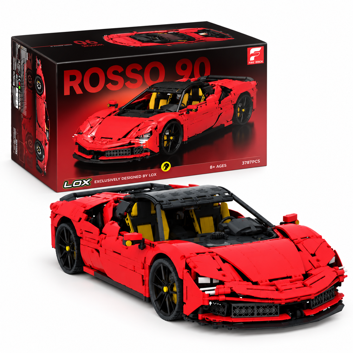 Roter Rosso 90 Klemmbaustein-Supersportwagen mit schwarzem Dach und gelben Sitzen vor dem Produktkarton auf weißem Hintergrund