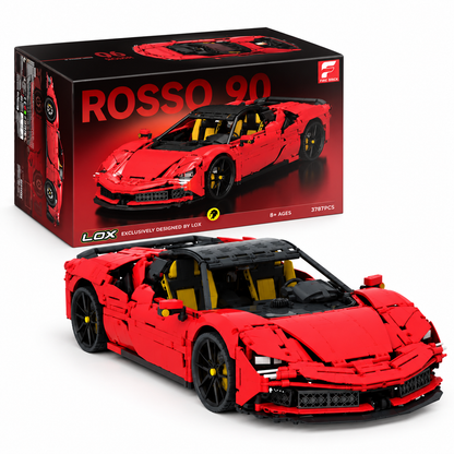 Roter Rosso 90 Klemmbaustein-Supersportwagen mit schwarzem Dach und gelben Sitzen vor dem Produktkarton auf weißem Hintergrund