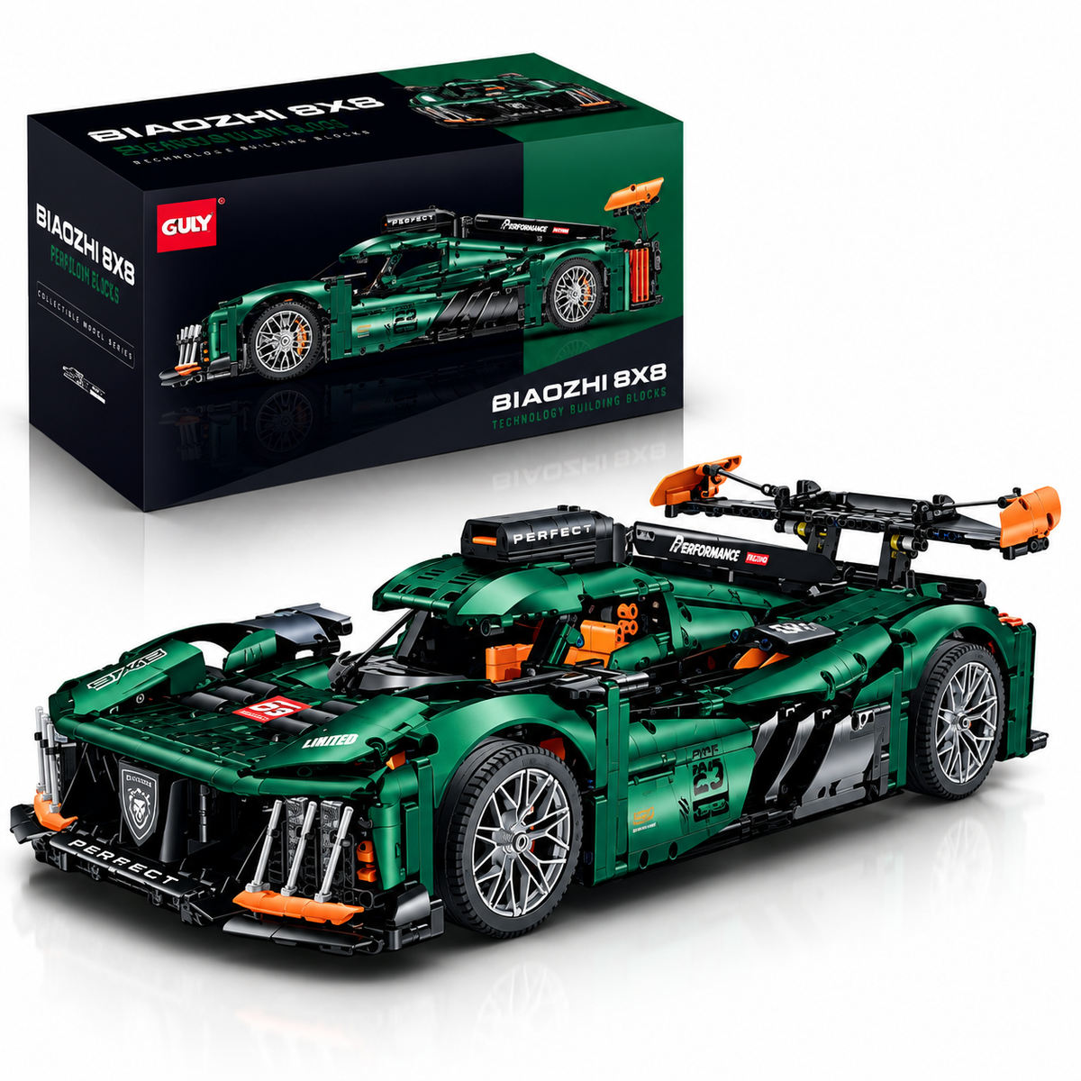GULY 10616 LM-24 Prototype Static – grüner Le-Mans-Rennwagen aus 3.537 Klemmbausteinen im Maßstab 1:8 mit Heckflügel und Originalverpackung.