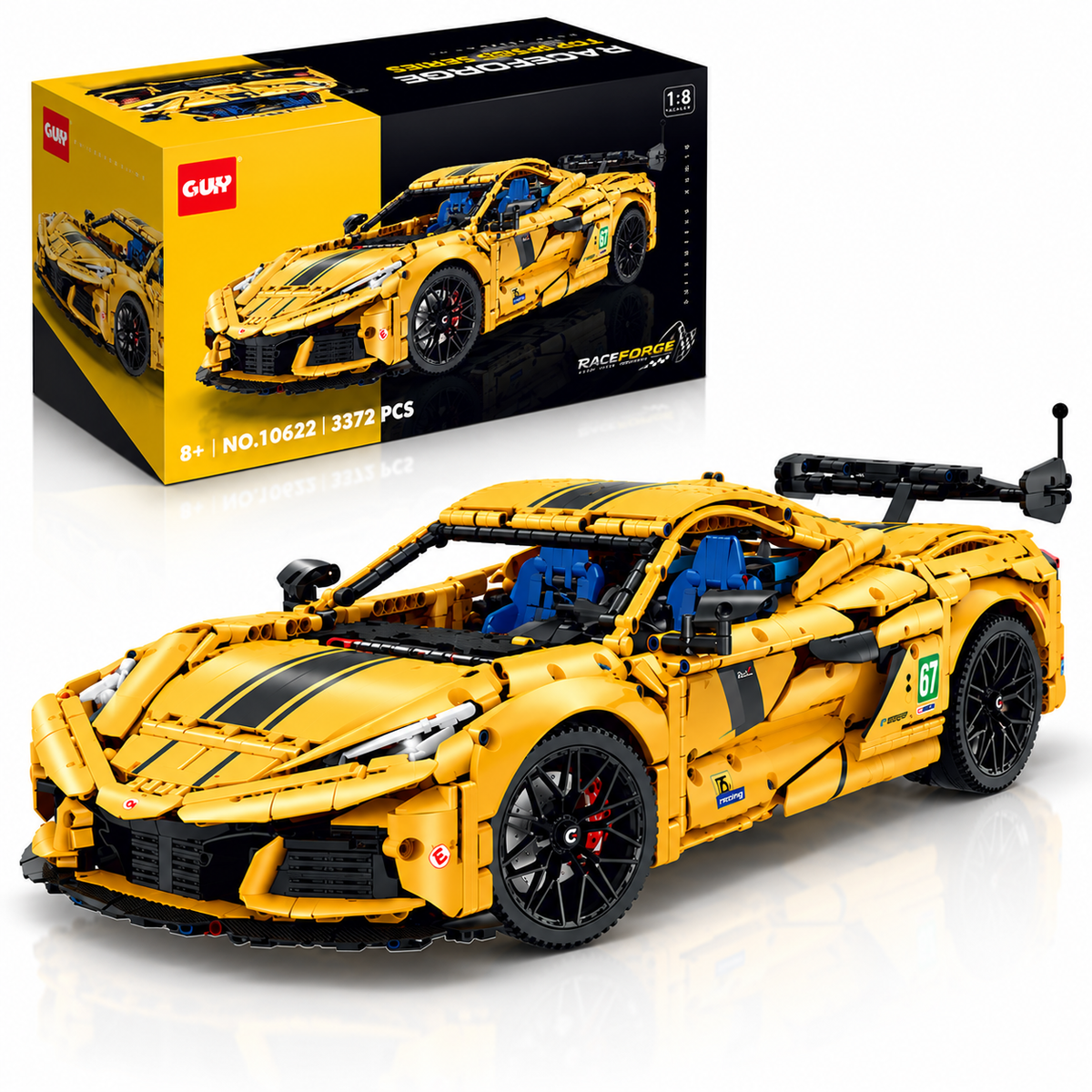 GULY 10622 Apex C8 Static – gelber Supersportwagen aus 3.372 Klemmbausteinen im Maßstab 1:8, ohne RC-Motorisierung, mit Originalverpackung.