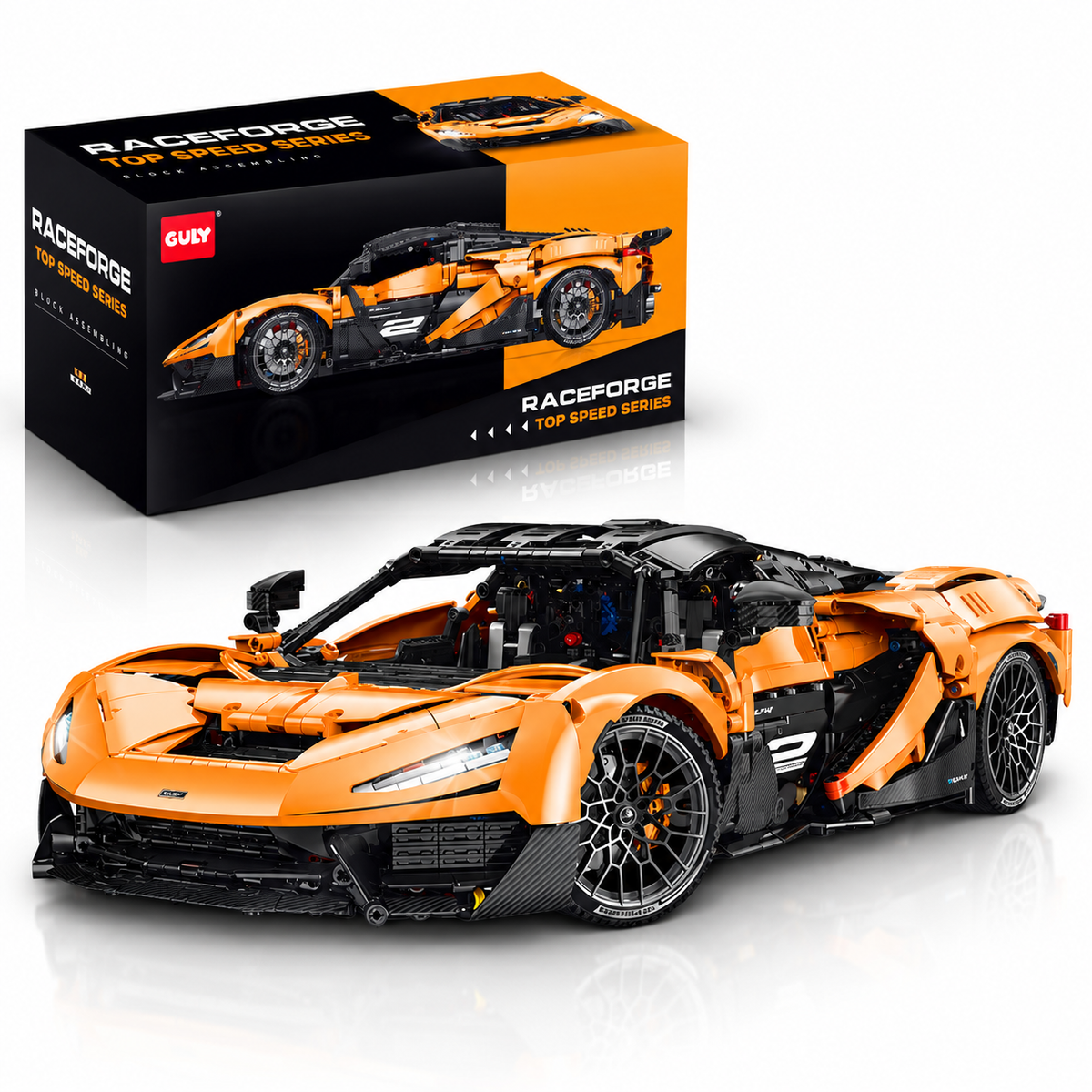 GULY 10650 Stealthline W1 Static – orange-schwarzer Hypercar-Klemmbaustein-Sportwagen mit 3.466 Teilen und GULY-Originalverpackung im Hintergrund.