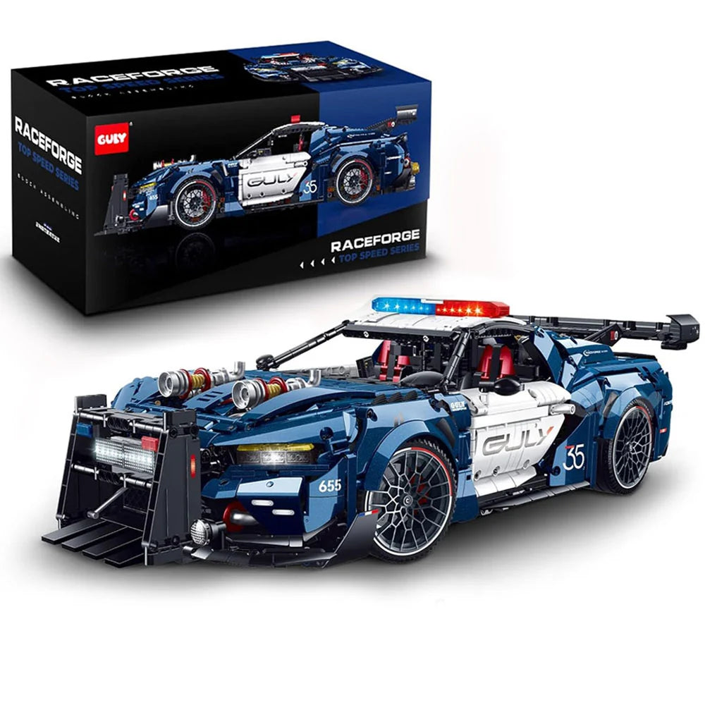 GULY 10655 Interceptor Static – Polizei-Sportwagen aus 3.975 Klemmbausteinen mit Dach-Lichtbalken, breiter Muscle-Car-Karosserie und Heckspoiler.