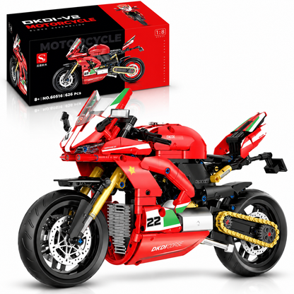 GULY 60516 rotes V2 Rennmotorrad aus 626 Klemmbausteinen im Maßstab 1:8 mit goldfarbener Gabel, Rennnummer 22 und Originalverpackung im Hintergrund.