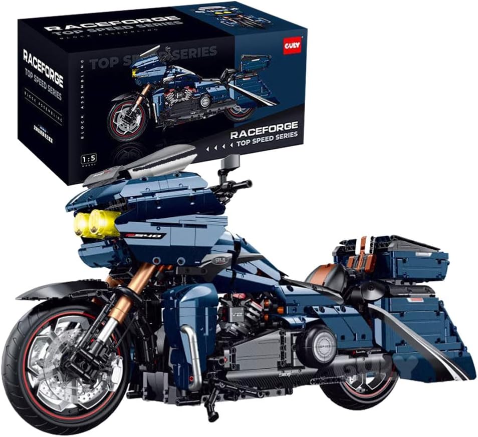 GULY 60540 Sapphire King – saphirblaues amerikanisches Touring-Motorrad aus 2.410 Klemmbausteinen im Maßstab 1:5 mit V-Twin-Motor und Präsentationsständer.