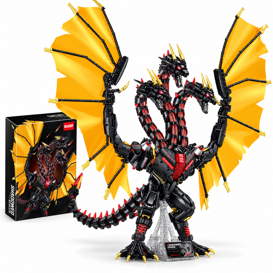 GULY 80508 Shadowed Drake Drachen-Klemmbaustein-Modell in Schwarz, Gold und Rot mit ausgebreiteten Flügeln