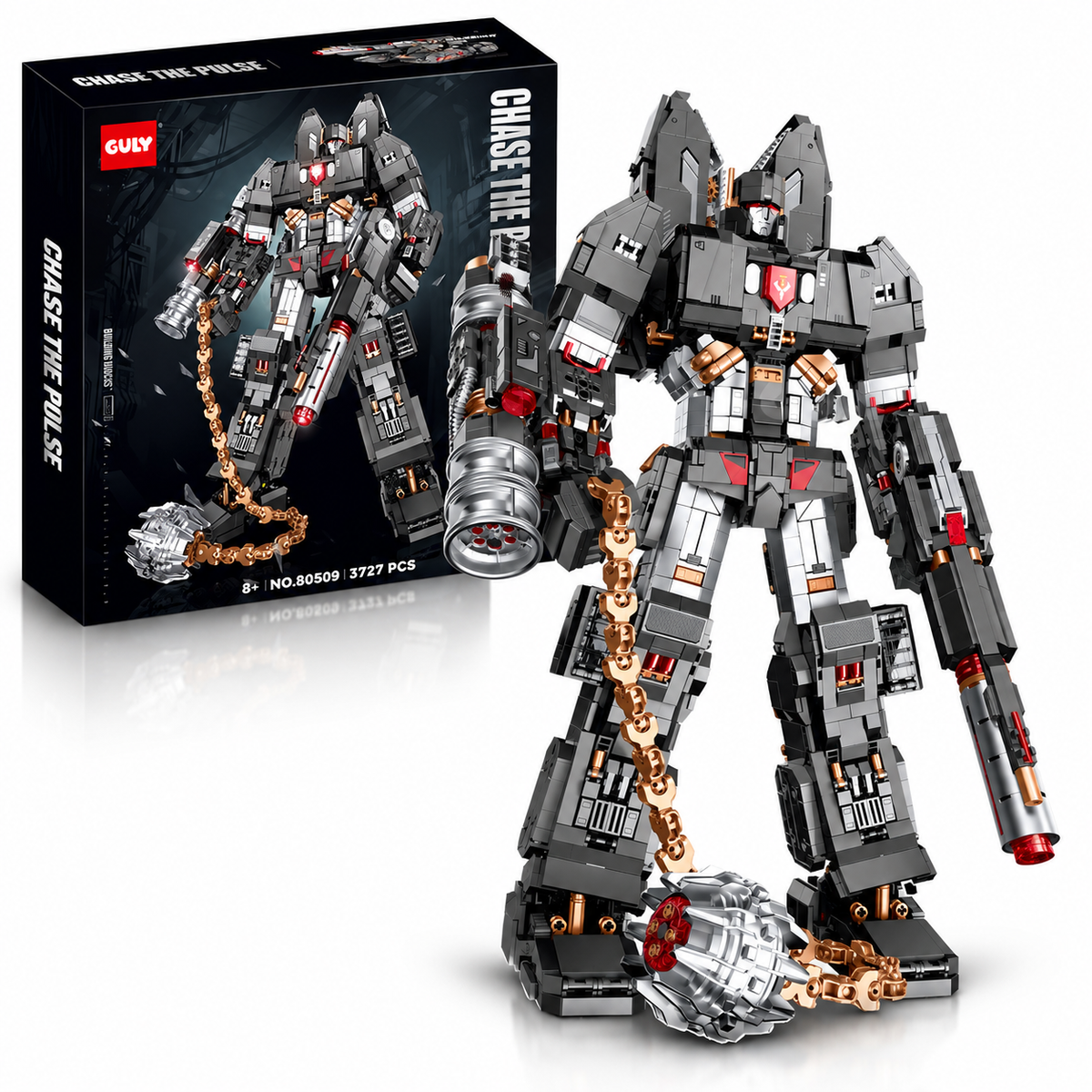 GULY 80509 Tyrant Mecha-Roboter aus 3.727 Klemmbausteinen mit Kettenwaffe, futuristischer Panzerung und Produktverpackung im Hintergrund.