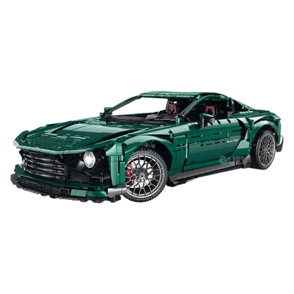 GULY Emerald GT grüner Klemmbaustein-Sportwagen mit 3.828 Teilen, silbernen Felgen und schwarzer Originalverpackung im Hintergrund