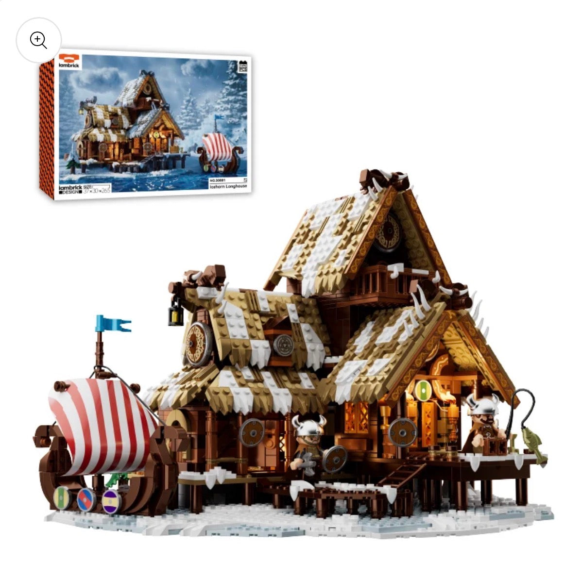 IAMBRICK Icehorn Longhouse mit 1.694 Teilen und verschneiter Wikingerlandschaft