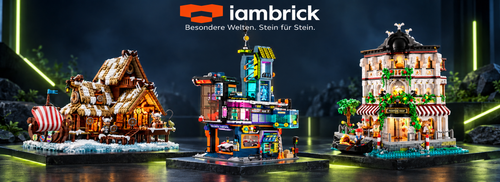 MODYX Desktop-Banner mit IAMBRICK-Logo und drei Klemmbausteinmodellen