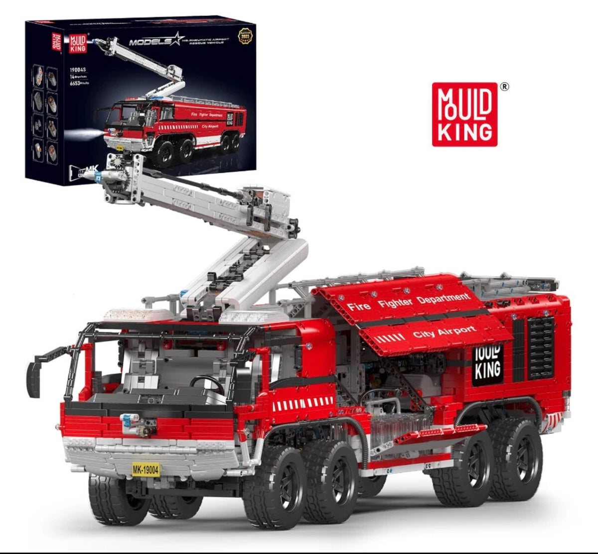 Mould King 19004S RC Flughafenfeuerwehr aus 6.653 Klemmbausteinen mit funktionierender Wasserspritze